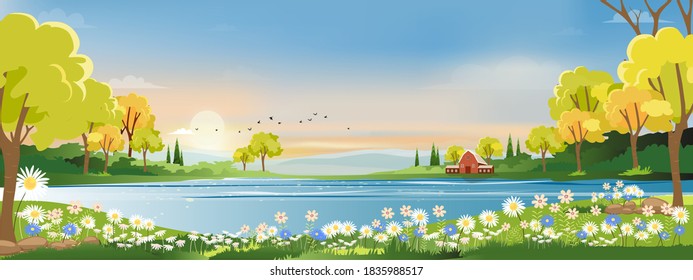 Frühlingslandschaft im Dorf mit grüner Wiese auf Hügeln mit blauem Himmel, Vektorgrafik Sommer- oder Frühlingspanorama, Panoramasicht auf die Landschaft mit grünem Feld mit Holzstall und Grasblumen 