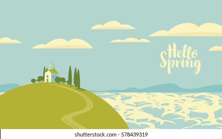 spring landscape with Village on the hill and sky with clouds and sea with mountain