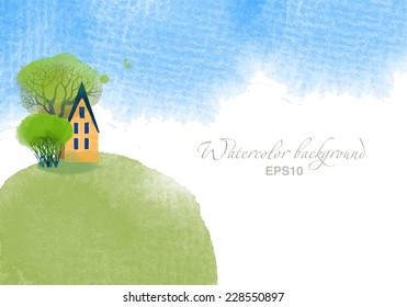 Spring Landscape. Watercolor vector background.
