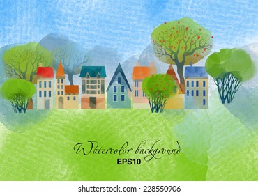 Spring Landscape. Watercolor vector background.