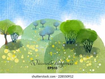 Spring Landscape. Watercolor vector background.