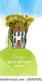 Spring landscape. Watercolor vector background