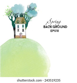 Spring landscape. Watercolor vector background