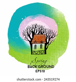 Spring landscape. Watercolor vector background