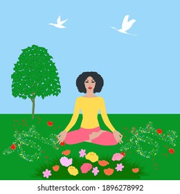 Spring landscape, wildflowers, flying birds. Yoga. African American girl meditates - vector. Sports activities in nature.
