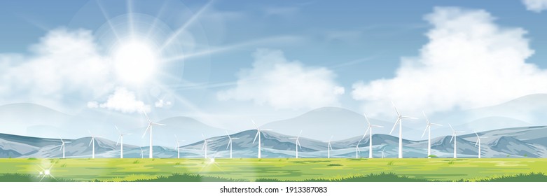 Spring landscape windmill farm on grass land,mountain,blue sky,cloud and Sun ,Vector of Nature Green field with wind energetic turbines for Ecology environment banners ,World environment day 