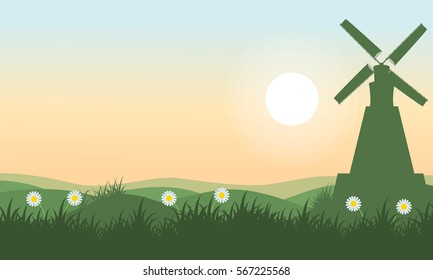 Spring landscape with windmill vector art illustration