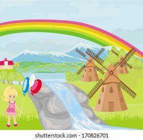 spring landscape with windmills and a little girl