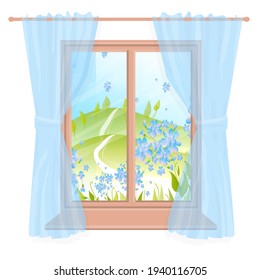 Spring landscape from the window with beautiful blue curtains