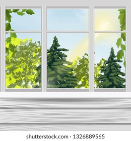 Spring landscape from the window of the house