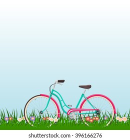 Spring landscape with a woman bike on grass with flowers vector. All elements sorted and grouped in layers