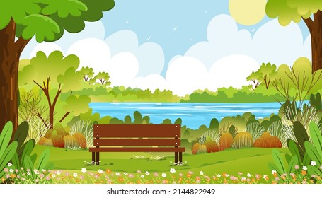 Spring landscape wonderland by the lake with grass field forest in morning,Vector banner backdrop Summer time in the park,Green park with grass and flower blooming,Cute Natural background for kids