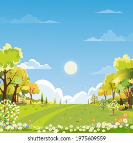Spring landscape wonderland forest with grass land in morning,Vector Summer time in the park,Green park with grass field and flower blooming, Holiday natural background,Cute Natural backdrop for kids