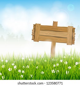 Spring landscape with wooden sign