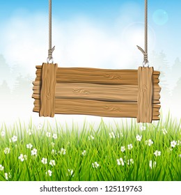 Spring landscape with wooden sign