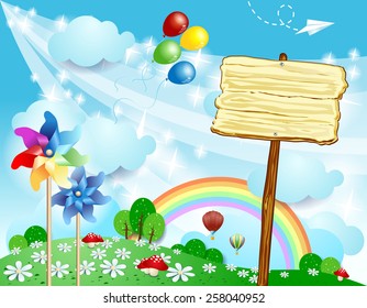 Spring landscape with wooden sign, vector eps10