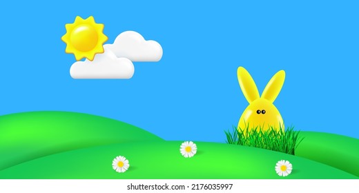 Paisaje primaveral con conejo amarillo y flores. Colinas verdes con flores y conejo amarillo. Tarjeta de felicitación feliz de Pascua