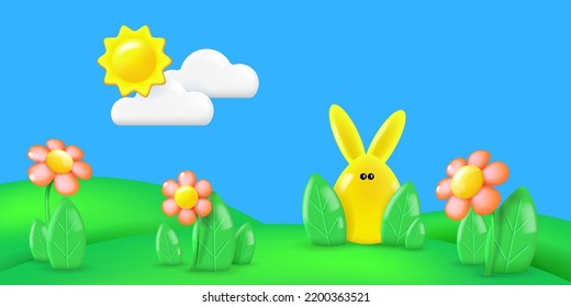 Spring landscape with yellow rabbit and flowers. Green hills with flowers and yellow bunny. Vector illustration