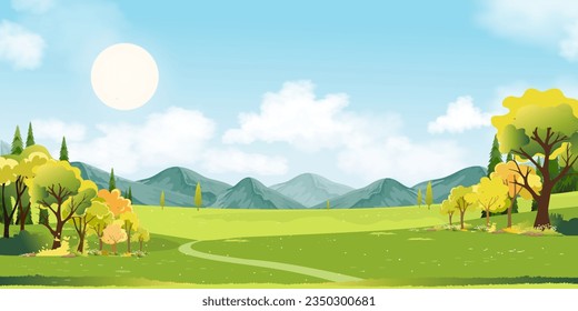 Spring Landscape,Mountain with green field,blue sky and clouds,Panorama Summer rural nature in with grass land on hill.Cartoon Vector illustration backdrop for Nature banner 