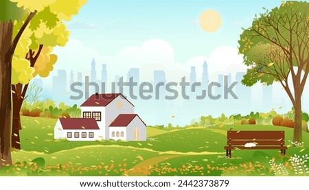Spring landscapes blue sky,cloudscape,city park with cat sleeping on bench in the morning,Vector cartoon Summer season in the garden urban park with clouds,sky background