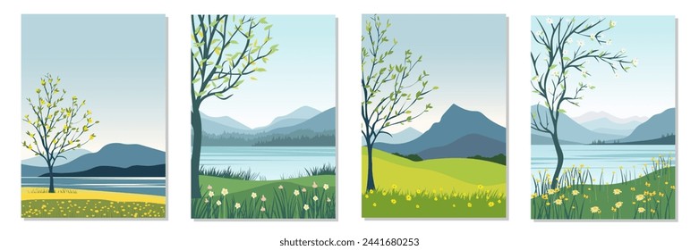 Paisajes de primavera. Conjunto de paisajes naturales de primavera. Árboles florecientes, flores, hierba verde en el fondo del mar y las montañas. Ilustraciones vectoriales en formato vertical A4 para impresión y diseño.