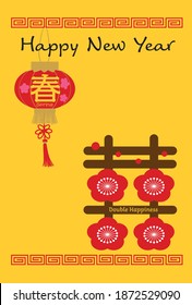 "Spring" Lantern and Double Happiness with Plum Flower, Gold and Red Chinese Meander Background Happy New Year