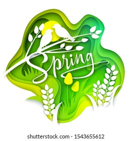 Spring layered paper art style vector illustration. Beautiful seasonal composition with paper cut green grass, yellow tulips, white birds sitting on branch. Spring creative hand lettering typography.