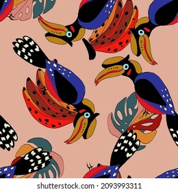 Spring Leaf and Banana Vector Seamless Pattern. Jungle Illustration. Trendy Leaves and Kalao Paradise Wallpaper. Fashion Art Background.