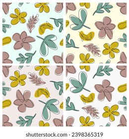 Spring leaf and flowers seamless backgrounds pattern set, vector