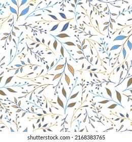 Spring leaf stem pattern seamless design. Modern berry herbs wallpaper. Textile graphic design. Fresh stalk leaf stem pattern illustration. Small fruit wallpaper.