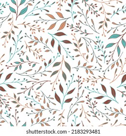 Spring leaf stem pattern seamless design. Vintage herb branches ornament. Batik fashion print. Natural stalk leaf stem pattern background. Garden ornament.