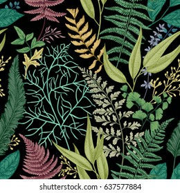 Spring leafy green seamless pattern. Vintage floral background. Vector. Leaves and herbs. Botanical illustration. Colorful.