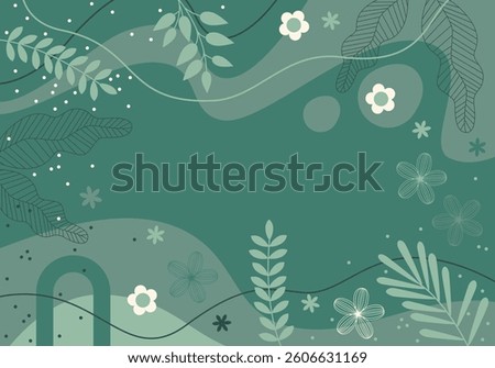 Spring Leaves Border. Abstract green background design. Template Vector Green colors. Concept of sustainable, environmental. Background with Wave, line abstract design, flowers