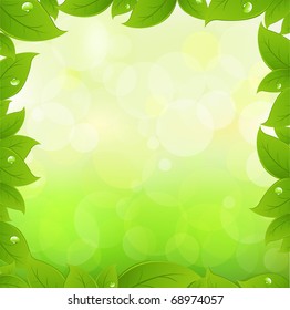 Spring Leaves With Green Bokeh, Vector Illustration