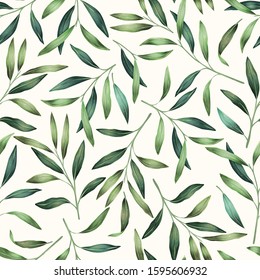 Spring leaves hand drawn seamless pattern. Botanical background. Vector tile for textile design, wrapping paper, decoration, web, social media