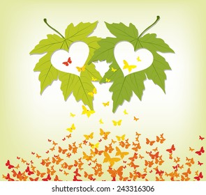 spring leaves with hearts and butterflies colorful