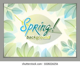 Spring leaves horizontal background, nature seasonal template for design banner, ticket, leaflet, card, poster with green and fresh floral elements. Sale, advertising poster, brochure or flyer design.
