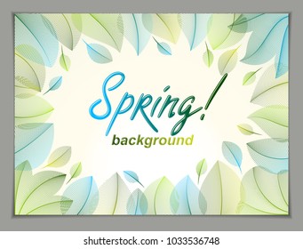 Spring leaves horizontal background, nature seasonal template for design banner, ticket, leaflet, card, poster with green and fresh floral elements. Sale, advertising poster, brochure or flyer design.