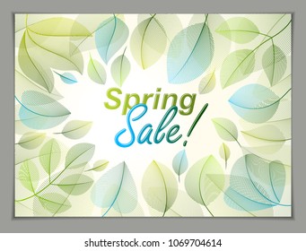 Spring leaves horizontal background, nature seasonal template for design banner, ticket, leaflet, card, poster with green and fresh floral elements. Sale, advertising poster, brochure or flyer design.