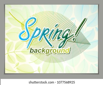 Spring leaves horizontal background, nature seasonal template for design banner, ticket, leaflet, card, poster with green and fresh floral elements. Sale, advertising poster, brochure or flyer design.