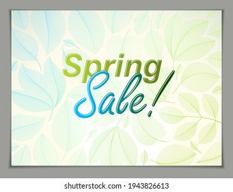 Spring leaves horizontal background, nature seasonal template for design banner, ticket, leaflet, card, poster with green and fresh floral elements. Sale, advertising poster, brochure or flyer design.