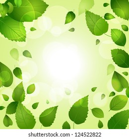 Spring leaves on a green background with lens flares