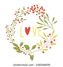 Spring leaves round frame. Wreath of  branches, flowers, leaves. Greeting card. Vector illustration on white background