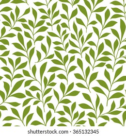 Spring leaves seamless pattern of green twigs with leaves over white background. Retro wallpaper, background, fabric and interior design usage