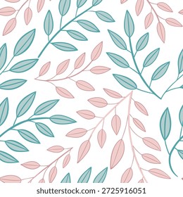 Spring leaves seamless pattern with light airy tones and delicate detail for soft whimsical spring designs concept as Soft spring leaves pattern with airy tones and delicate details for whimsical and lighthearted spring projects in Photo Stock Concept and empty space on the left side,no text --ar 7:2 --tile