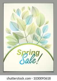 Spring leaves vertical background, nature seasonal template for design banner, ticket, leaflet, card, poster with green and fresh floral elements. Sale, advertising poster, brochure or flyer design.