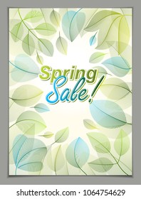 Spring leaves vertical background, nature seasonal template for design banner, ticket, leaflet, card, poster with green and fresh floral elements. Sale, advertising poster, brochure or flyer design.