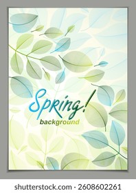Spring leaves vertical background, nature seasonal template for design banner, ticket, leaflet, card, poster with green and fresh floral elements. Sale, advertising poster, brochure or flyer design.