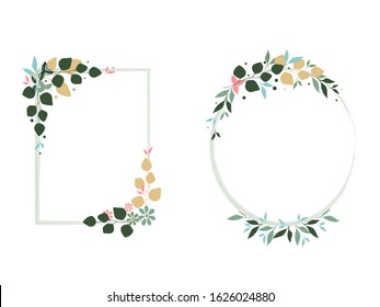 spring leaves wreath, oval and square, ellipse for wedding card. 2020 trend colors. Vector illustration