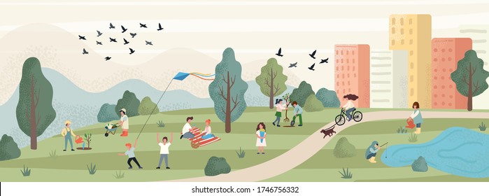 Spring Leisure With Peaceful Park Landscape Vector Illustration. People Enjoy Weekend On Nature Flat Style. Picnic Gardening And Funny Games. Spare Time And Happiness Concept